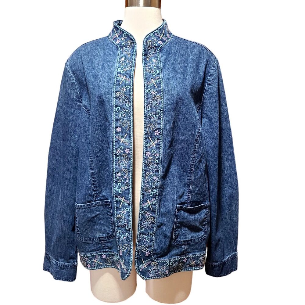 alfred dunner Women's Blue Denim Jacket SZ 16 Open Front Dragonfly Embroidered